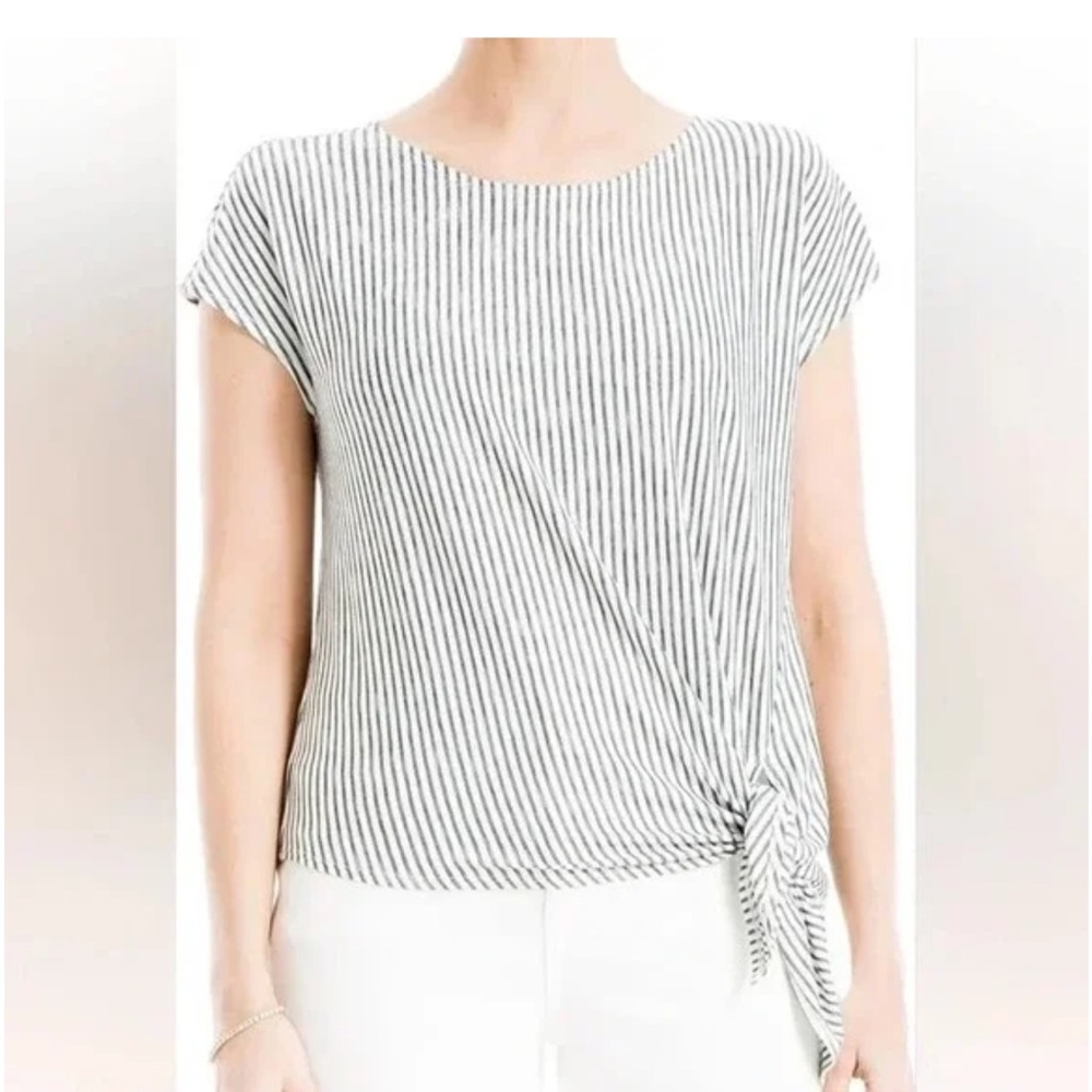 Max Studio Blue and White Striped Short Sleeve Side Tie Knot Top NWT